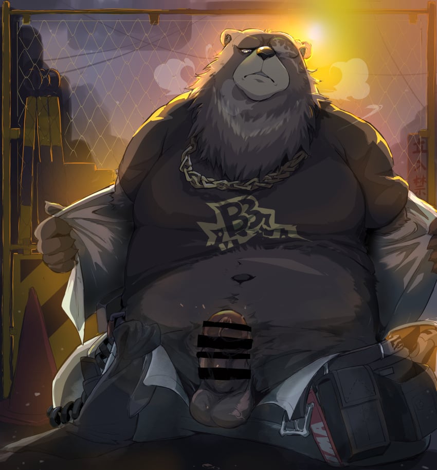 2024 anthro bear belly ben_bigger better_version_at_source black_clothing black_shirt black_t-shirt black_topwear bodily_fluids bottomwear breath brown_body censor_bar censored censored_genitalia chain_necklace clothed clothing construction_site detailed_background erection eye_scar facial_scar fence genital_fluids genitals hachirouta hi_res humanoid_genitalia humanoid_penis jacket jewelry kemono kneeling kneeling_on_ground male male_only mammal mihoyo moobs necklace open_bottomwear open_clothing open_pants outside overweight overweight_male pants penis precum scar shirt sky solo sun sunset t-shirt topwear undressing undressing_self white_clothing white_jacket white_topwear zenless_zone_zero zipper_down
