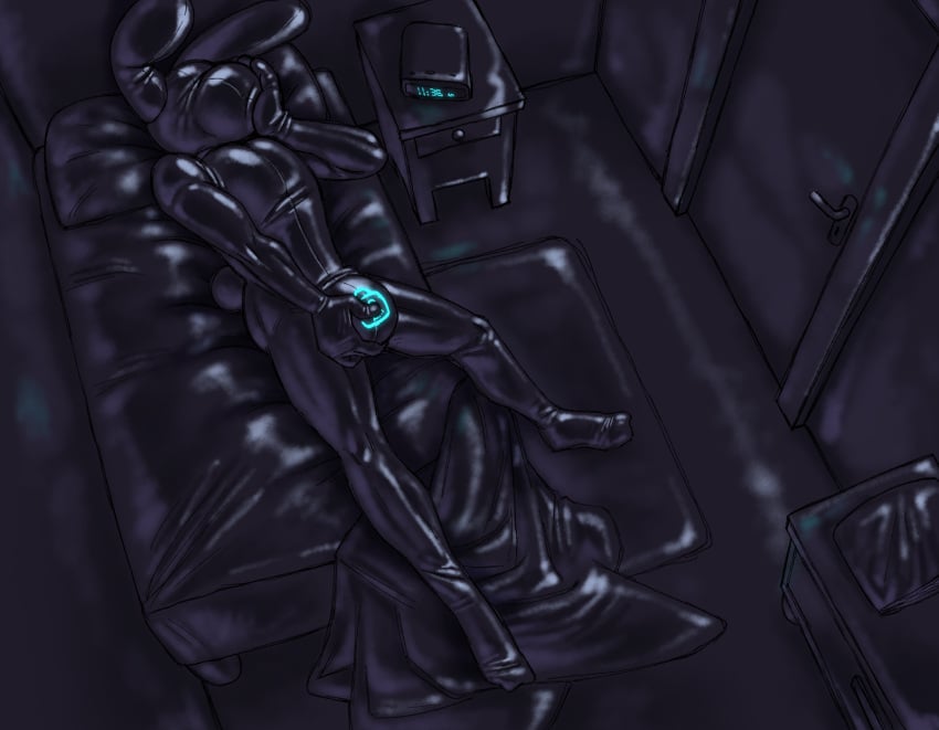 2024 a_guy_somewhere alarm_clock anthro bed biped chastity_device clock detailed_background digital_media_(artwork) fingers furniture glistening glistening_body glowing_bulge guy_(a_guy_somewhere) hi_res lagomorph latex latex_body latex_room latex_skin leporid lock_bulge long_ears male male_only mammal masturbation null_bulge on_bed pillow rabbit solo