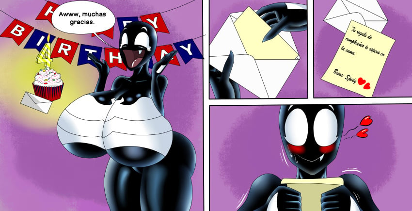 big_breasts birthday black_body comic comic_page comic_panel fanart female happy_birthday marvel marvel_comics nero_redon she-venom smile smiling spanish_text spider-man_(series) tagme venom_(marvel)