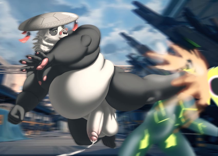 2025 anthro asian_conical_hat balls bear belly bodily_fluids casual_nudity clothing emanata eyewear fight fur genital_fluids genitals giant_panda glasses hat headgear headwear hi_res kick leaking_precum male mammal mihoyo motion_blur multicolored_body multicolored_fur nude overweight overweight_anthro overweight_male pan_yin_hu pawpads penis pince-nez pink_pawpads precum redremy7 zenless_zone_zero