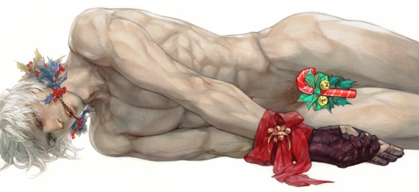 bara bishonen blue_eyes bondage capcom censored dante dante_(devil_may_cry) devil_may_cry devil_may_cry_(series) devil_may_cry_4 dilf facial_hair gloves handsome handsome_man male male_only manly muscles muscular muscular_male nude nude_male realistic white_hair