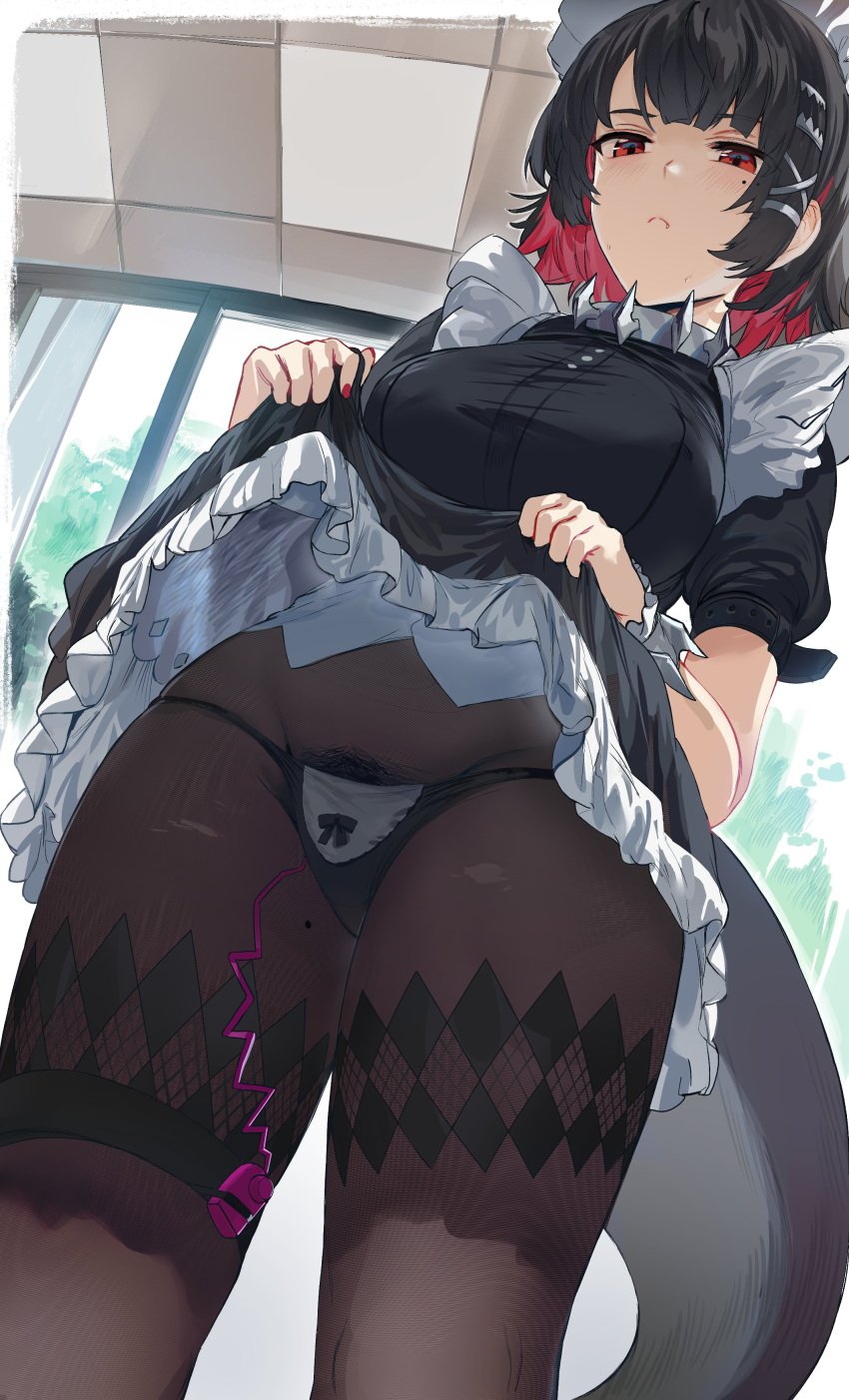 1girls 2d big_breasts black_hair black_panties blush breasts clothed colored_inner_hair dress_lift ellen_joe female female_only hews_hack large_breasts light-skinned_female light_skin looking_down maid maid_headdress maid_uniform mole mole_on_thigh mole_under_eye multicolored_hair nail_polish panties pantyhose pubic_hair red_eyes red_hair red_nails shark_girl shark_tail short_hair thighs vibrator vibrator_in_pussy vibrator_under_clothes victoria_housekeeping zenless_zone_zero