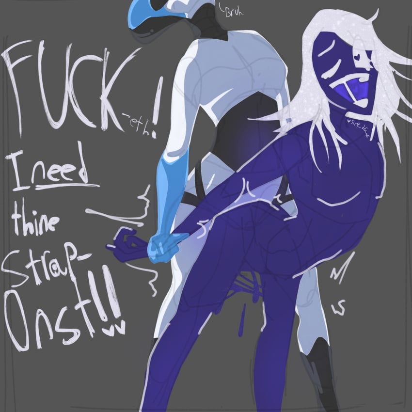 ambiguous_fluids arms_held_back blank_background bodily_fluids deltarune english_text face_out_of_frame female_on_top goo_humanoid heart-shaped_pupils male/female messy_hair open_mouth pegging purple_body queen_(deltarune) robot rouxls_kaard shaded simp_draws sketch_lines strap-on text white_hair