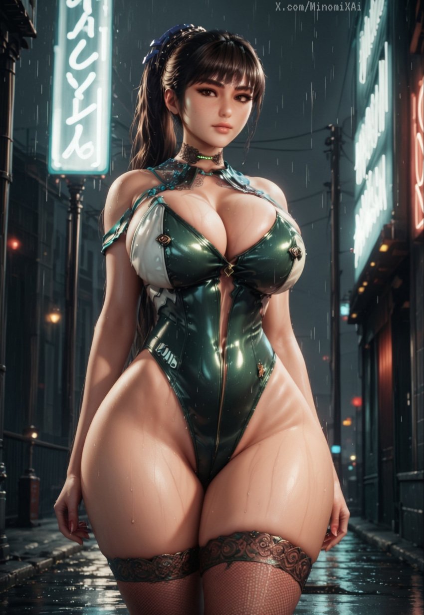 1girls ai ai_assisted ai_generated bangs black_hair bodysuit brown_eyes choker city cleavage curvy curvy_figure eve_(stellar_blade) large_breasts leotard lips minomixai neon_lights outdoors outside ponytail rain shiny_skin skin_tight solo solo_focus standing stellar_blade swimsuit thick_thighs tight_clothing wet wet_body wide_hips