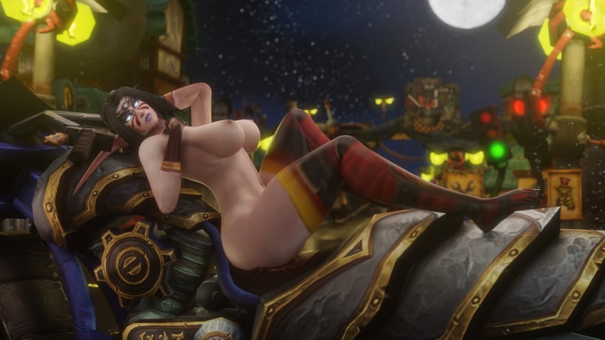 big_breasts black_hair blue_eyes elf face_tattoo gloves kynalea_dawnfire laying_on_back light-skinned_female looking_at_viewer moon morilymory motorcycle night night_elf stockings thick_thighs thighhighs warcraft world_of_warcraft