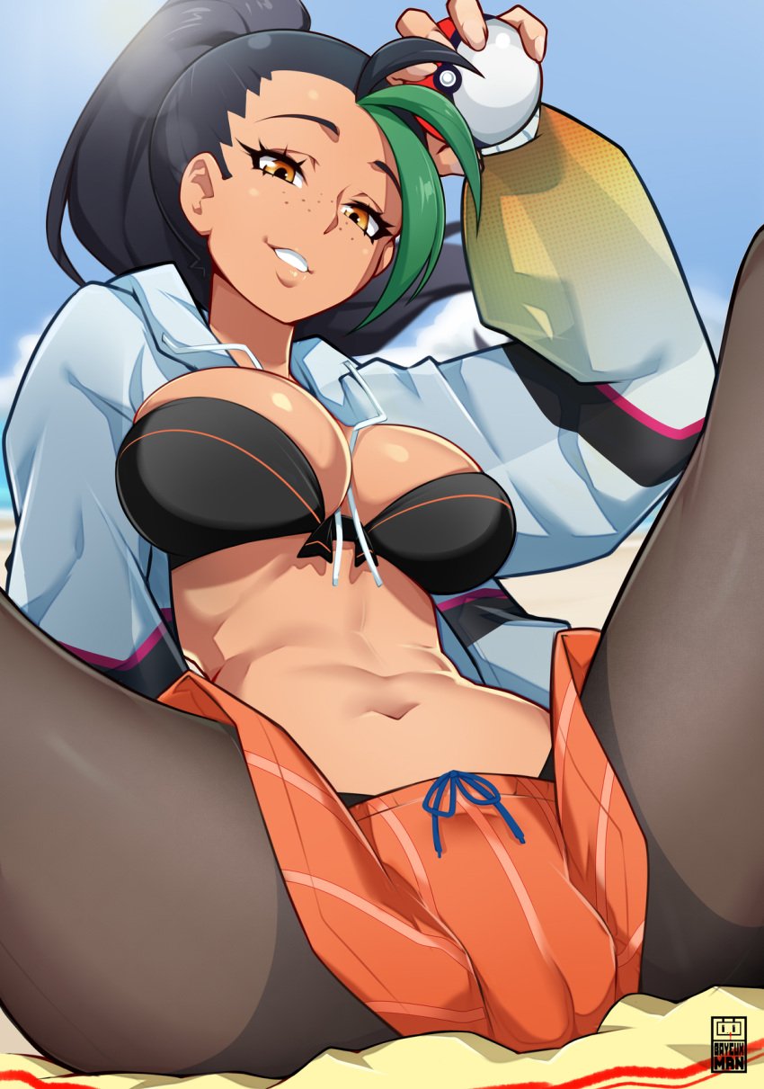 1girls bayeuxman big_breasts black_hair bra brown_eyes clothed clothing color female female_focus female_only game_freak hi_res large_breasts light-skinned_female light_skin long_hair looking_at_viewer nemona_(pokemon) nintendo pokeball pokemon pokemon_sv pokemon_trainer pussy_visible_through_clothes solo solo_female tagme thick_thighs