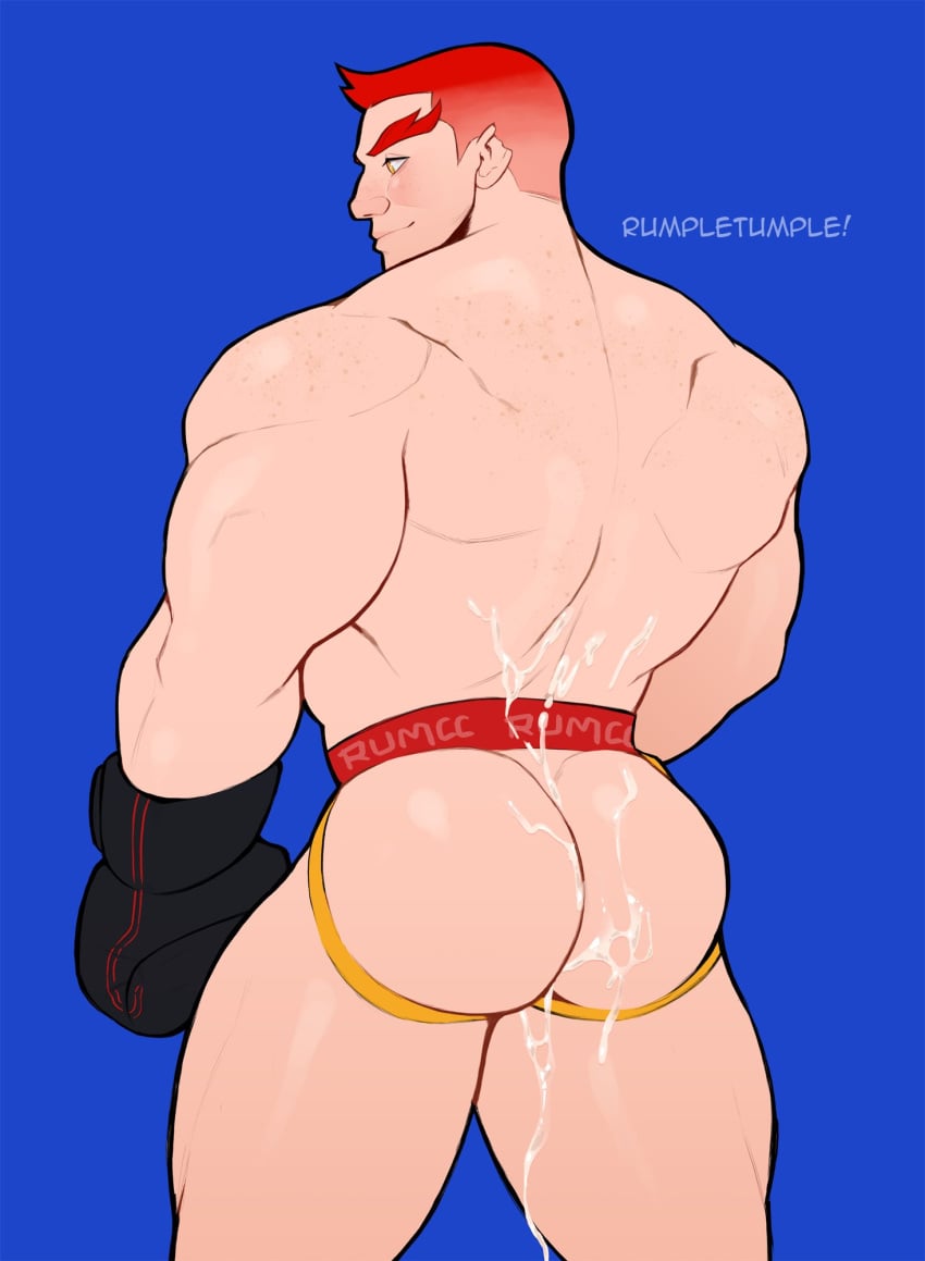1boy artist_name ass back bara blue_background blush boxing_gloves cum cum_in_ass cum_on_body feet_out_of_frame freckles gloves highres huge_ass jockstrap male_focus male_only male_underwear manly mature_male muscular muscular_male nose_blush original red_hair rumple_tumple short_hair signature simple_background smirk solo thick_arms thick_eyebrows thick_thighs thighs triceps underwear yellow_eyes
