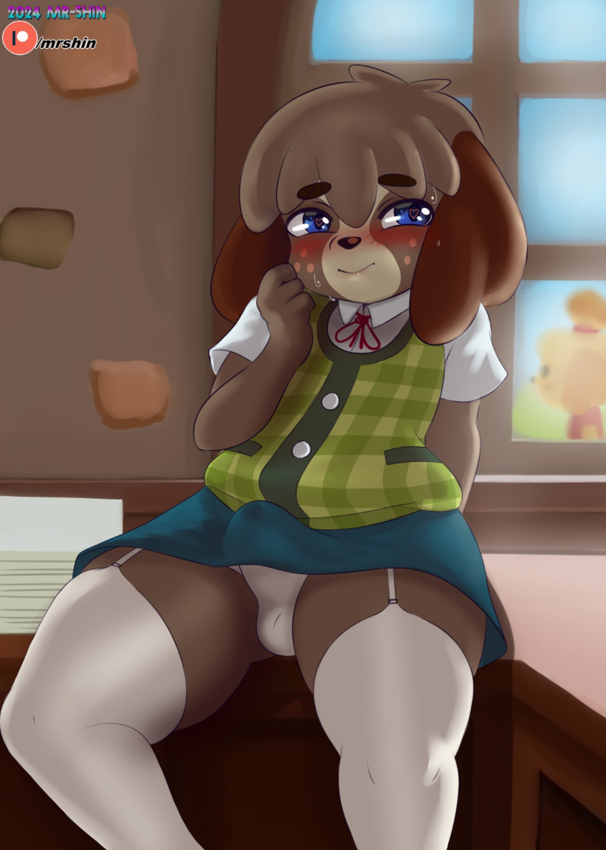 animal_crossing anthro balls blush bodily_fluids bottomwear canid canine canis clothed clothing crossdressing digby_(animal_crossing) domestic_dog erection fur genitals hair heart_eyes heart_symbol hi_res male mammal mr-shin nintendo panties penis shih_tzu shirt skirt solo sweat thick_thighs topwear toy_dog underwear