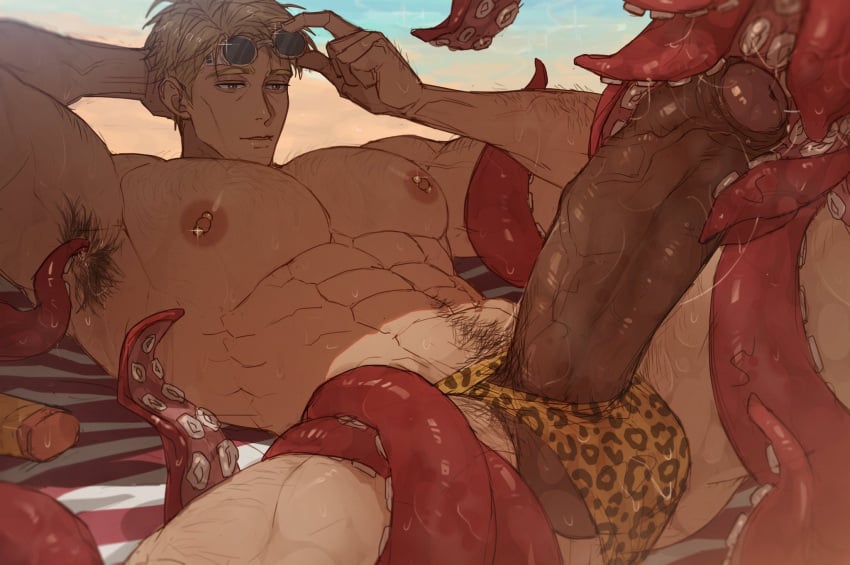 abs bara beach beach_towel big_pecs big_penis blonde_hair cephalopod erect_penis erection happy_trail jujutsu_kaisen kento_nanami male male_focus male_only nipples octopodiform octopus pecs penis penis_out punim410 solo solo_focus solo_male tentacle tentacles_everywhere veiny_penis