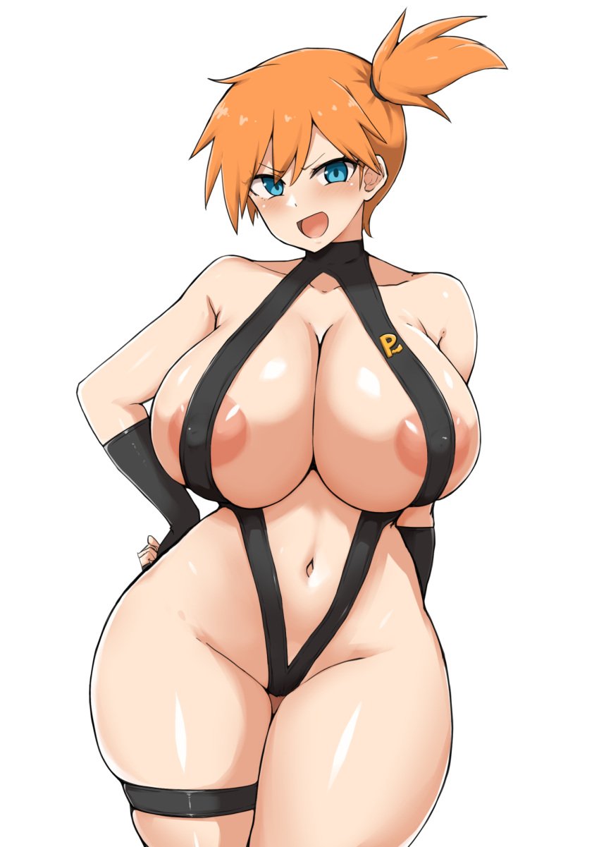 1girl :d alternate_breast_size areola_slip armpits ass asymmetrical_hair bare_legs bare_shoulders black_gloves black_one-piece_swimsuit blue_eyes blush breast_slip breasts cleavage collarbone covered_erect_nipples cowboy_shot creatures_(company) curvy female_focus fingerless_gloves game_freak gen_1_pokemon gloves gym_leader hand_on_own_hip huge_breasts kasumi_(pokemon) large_breasts legs legs_together looking_at_viewer misty_(pokemon) navel nintendo nipples one-piece_swimsuit open_mouth orange_hair pokemon pokemon:_the_electric_tale_of_pikachu ponytail shiny_skin shirt short_hair side_ponytail simple_background skindentation slingshot_swimsuit smile solo standing swimsuit thick_thighs thigh_strap thighs wardrobe_malfunction white_background wide_hips yamaori