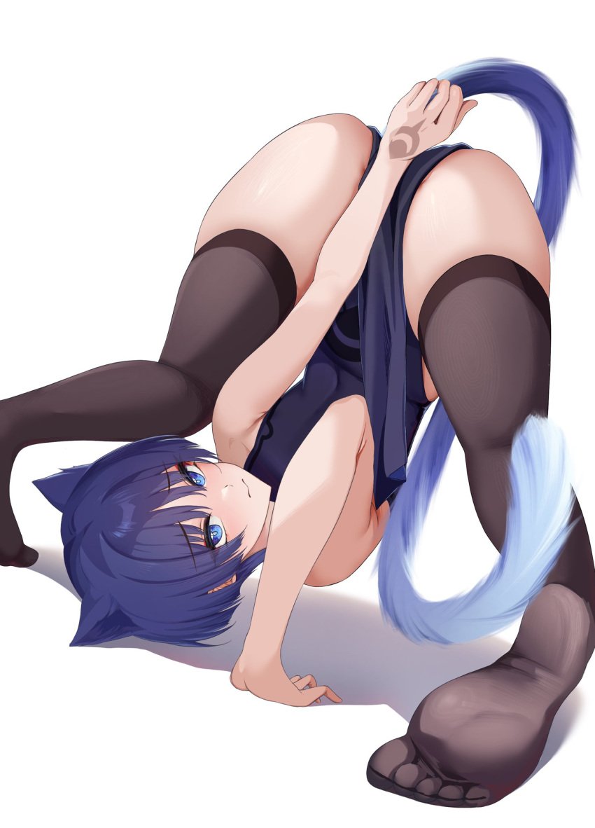 1boy chobonu crossdressing femboy genshin_impact male_foot_fetish male_only scaramouche_(genshin_impact) stockings thighhighs trap twink