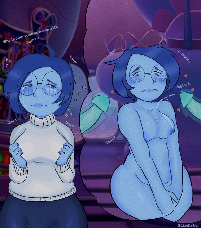 aqua_skin blue_eyes blue_hair blue_skin blush breasts_out crying cum_on_breasts dick disney glasses inside_out inside_out_2 naked_female pixar remembering sadness_(inside_out) thought_bubble