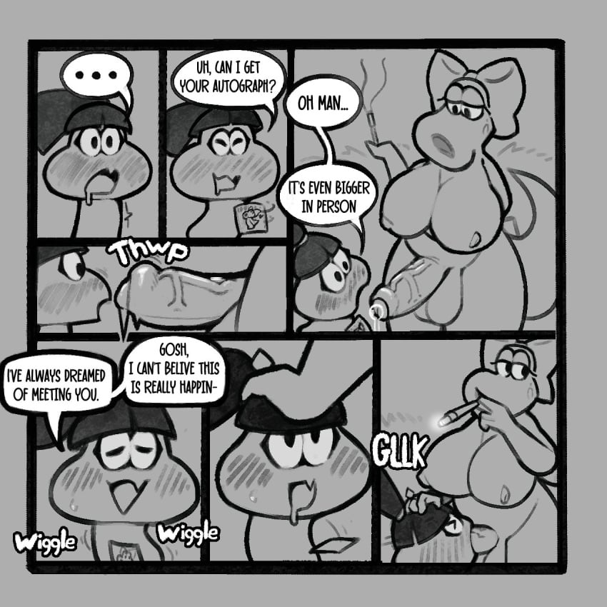 anthro balls big_breasts birdo blush bodily_fluids breasts comic degooed dialogue duo female foreskin genital_fluids genitals goomba goombette_(concept_art) gynomorph hand_on_head hi_res huge_breasts intersex intersex/female mario_(series) nintendo nipples oral penis precum size_difference smoking speech_bubble tagme