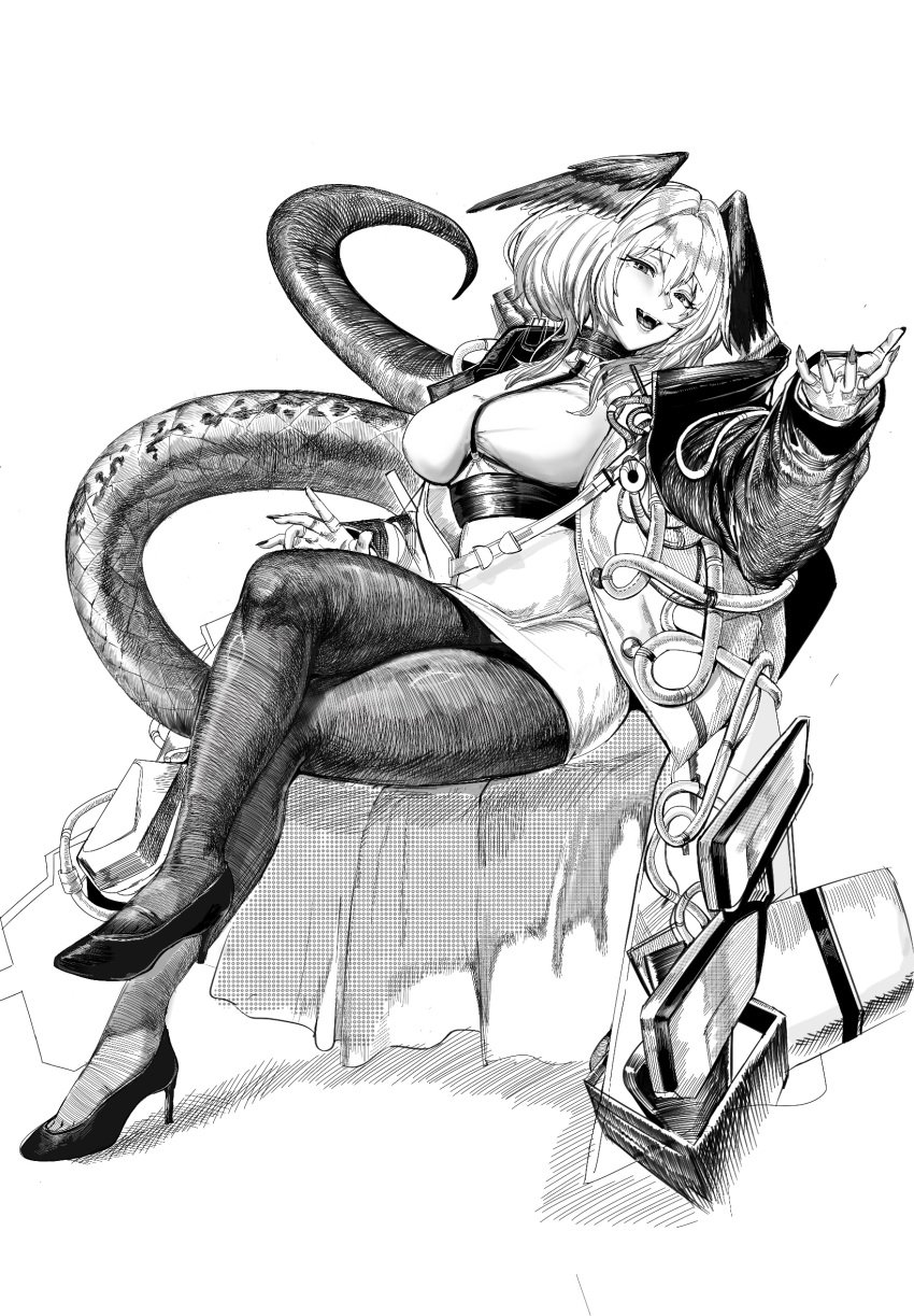 1girls arknights bigyann176 fangs female female_only heels ho'olheyak_(arknights) monochrome pantyhose snake_girl