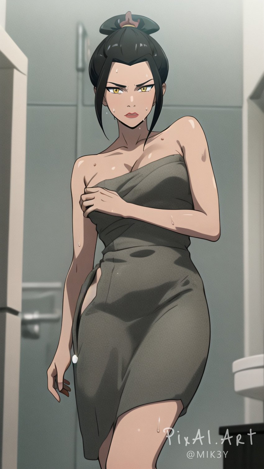 1girls ai_generated avatar_legends avatar_the_last_airbender azula bathroom black_hair cleavage female fire_nation hairpin hi_res highres indoors pixai scowl solo towel wet yellow_eyes