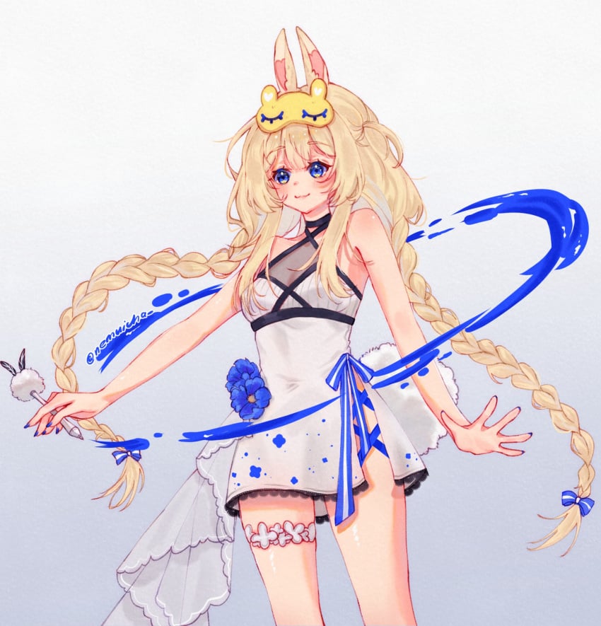 1girl alternate_costume animal_on_head bangs bare_shoulders blonde_hair blue_bow blue_eyes blue_ribbon blush bow braid breasts bunny_ears bunny_girl closed_mouth dress eyebrows_visible_through_hair female grey_background hair_between_eyes hair_bow hair_ornament long_hair looking_at_viewer mask_on_head nemuicha_ on_head ribbon see-through sleeveless_dress small_breasts smile solo striped thigh_strap twin_braids very_long_hair virtual_youtuber vyugen white_dress yenko