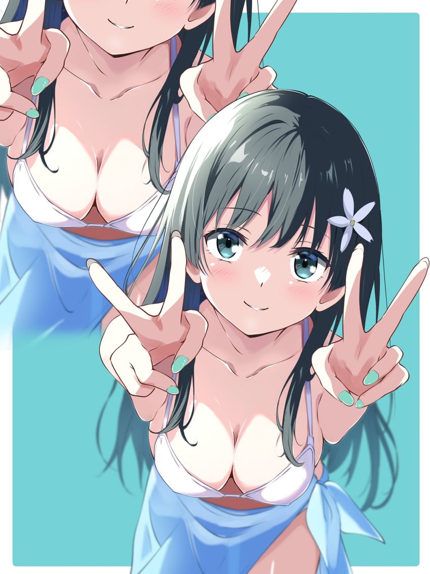 1girls absurd_res absurdres aqua_background areola_bulge bare_arms bare_chest bare_legs bare_shoulders bare_skin bare_thighs bikini bikini_top black_hair black_hair_female blue_background blue_eyes blue_eyes_female blue_skirt blush blush_lines blushing_at_viewer blushing_female border borgbutler breasts cleavage collarbone dot_nose elbows extended_arm extended_arms eyebrows_visible_through_hair female female_focus female_only fingernails fingers flower flower_hair_ornament flower_in_hair flower_on_head green_fingernails green_nail green_nail_polish hair_ornament half_naked head_tilt high_resolution high_school_student highres leaning_forward legs light-skinned_female light_skin lips long_hair looking_at_viewer medium_breasts nail nail_polish naked naked_female nipple_bulge nude nude_female peace_sign saten_ruiko school_girl simple_background skirt slender_body slender_waist slim_girl slim_waist smile smiling smiling_at_viewer solo standing string_bikini swimsuit swimwear teen_girl teenage_girl teenager thick_thighs thighs thin_waist tilted_head to_aru_kagaku_no_railgun to_aru_majutsu_no_index upper_body v white_bikini white_bikini_top white_border white_string_bikini white_swimsuit white_swimwear young