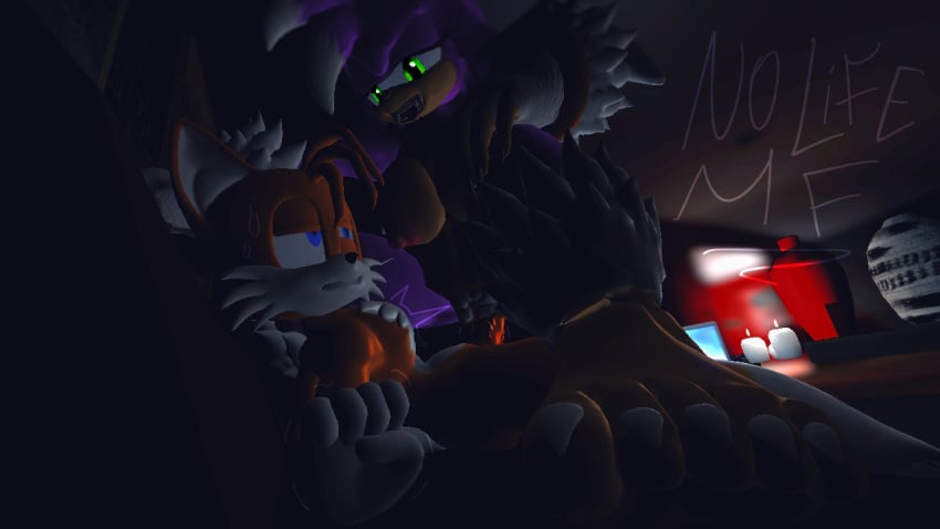 3d 3d_(artwork) amy_rose_the_werehog feet female_on_top femboy furry glowing_eyes lights_off orange_fur pink_fur pubes sonic_(series) sonic_the_hedgehog_(series) tails_the_fox