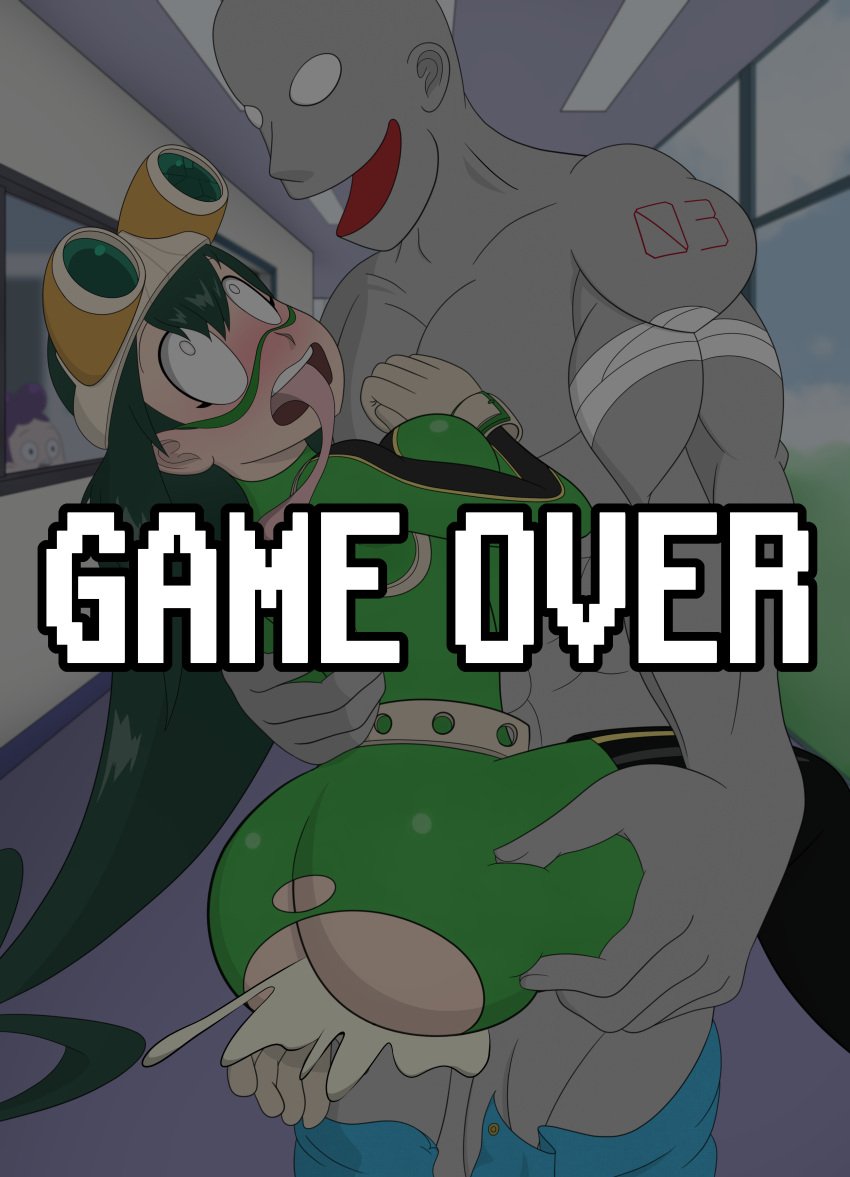 1boy1girl ass_grab big_ass big_breasts big_butt black_eyes blush breasts_pressed_against_partner cum cum_in_pussy cum_inside extasis female froppy game_over game_over_screen gameover green_hair grey_skin hero_outfit_(mha) heroine heroine_in_trouble holding hp_bar indoors indoors_sex lifebar long_hair low_life mineta_minoru minoru_mineta muscular_male my_hero_academia no_escape pants_down pleasure_face sex size_difference smaller_female snakebd standing_sex struggling struggling_to_get_out thick_thighs thigh_grab tight_bodysuit tongue_out torn_clothes torso_grab tsuyu_asui upright_straddle