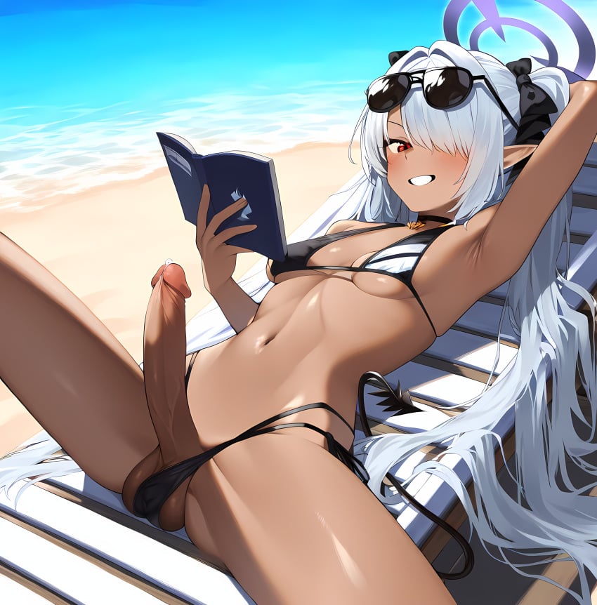 ai_generated arm_up armpits bare_legs beach beach_chair bikini black_bikini black_ribbon black_tail blue_archive book cowboy_shot dark_skin demon_tail erection female from_side futa_only futanari gerumusi grey_hair halo iori_(blue_archive) iori_(swimsuit)_(blue_archive) lying on_back outdoors pointy_ears precum reading red_eyes sideways_glance small_breasts smile solo swimsuit testicles twintails veiny_penis very_long_hair