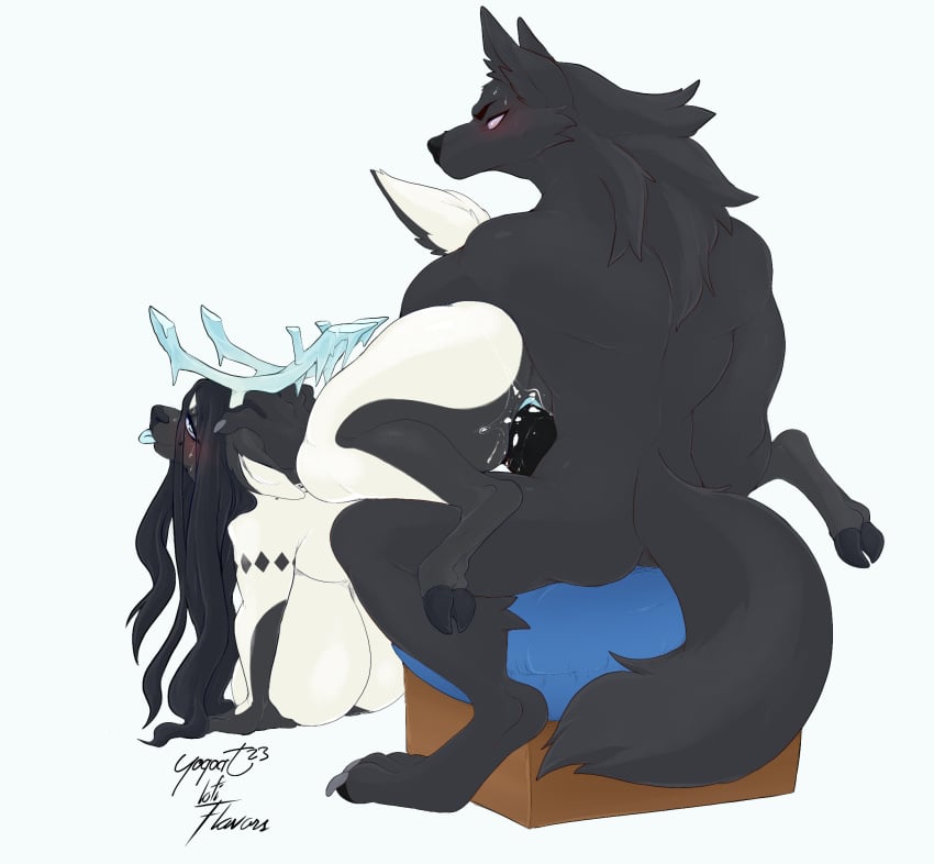 anthro anthro_on_anthro anthro_penetrated anthro_penetrating anthro_penetrating_anthro antlers big_breasts biped black_body black_fur black_hair blush bodily_fluids breasts canid canine canis claws collaboration deer duo female female_penetrated fur genitals hair hi_res hooves horn interspecies lofiflavors male male/female male_penetrating male_penetrating_female mammal paws penetration penile penile_penetration penis penis_in_pussy predator/prey pussy sex simple_background sweat tail tongue tongue_out vaginal_penetration vaginal_penetration white_background wolf yogoat