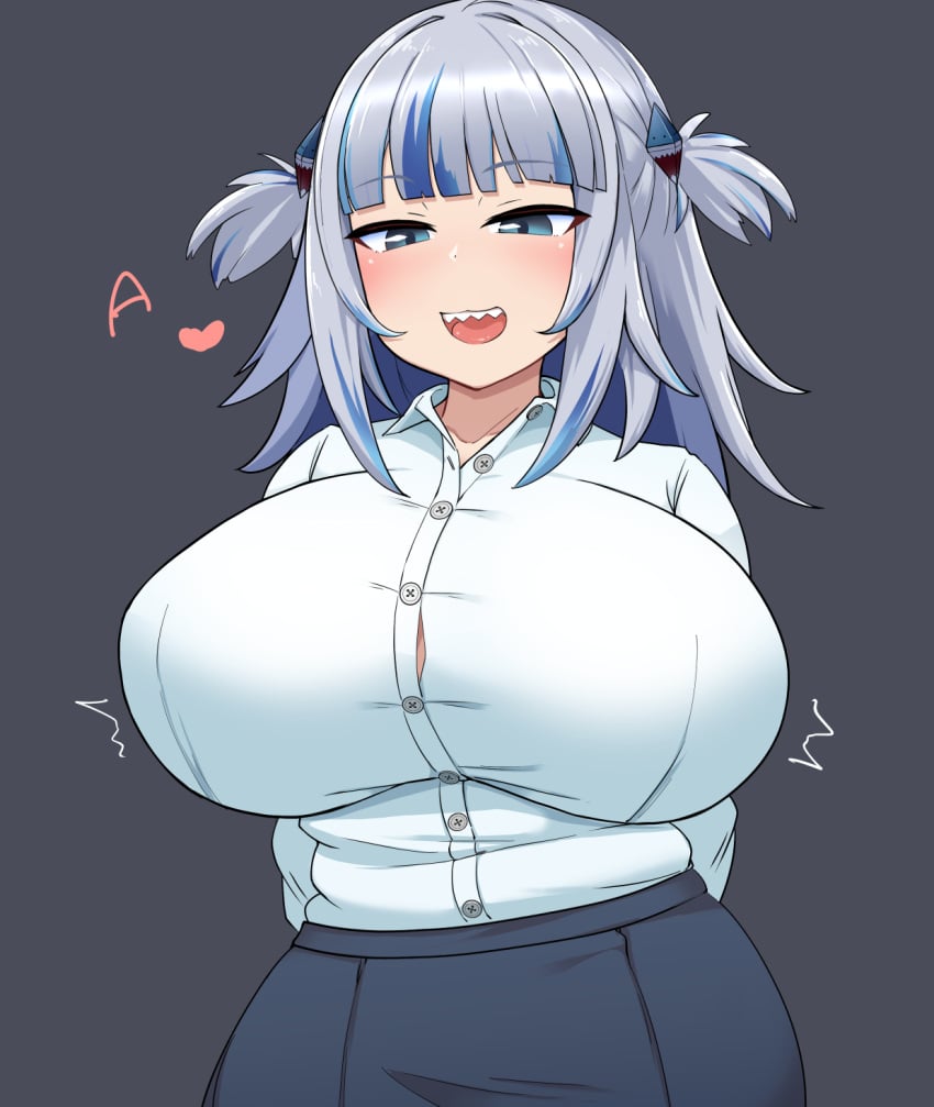 1girls alternate_breast_size blue_eyes blue_hair breasts button_down_shirt clothed clothing female gawr_gura heart hololive hololive_english hololive_myth huge_breasts light-skinned_female multicolored_hair office_lady sharp_teeth smile t_opete virtual_youtuber white_shirt