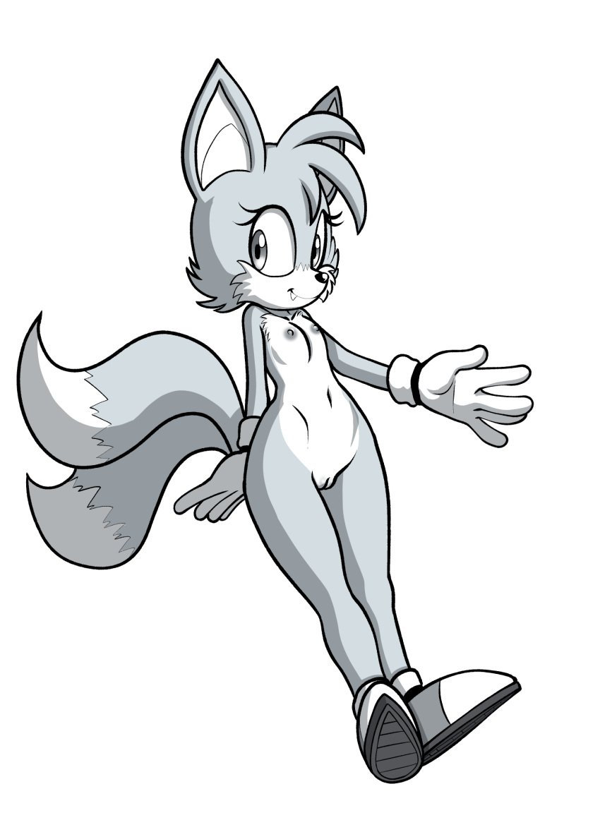 anthro breasts canid canine clothing female footwear footwear_only fours_(artist) fox genitals gloves greyscale handwear hi_res line_art mammal monochrome mostly_nude pussy rule_63 sega shoes shoes_only small_breasts solo sonic_(series) sonic_the_hedgehog_(series) tails tailsko wide_hips