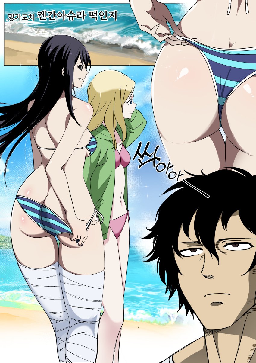 1boy 2024 2d 2girls adjusting_panties adult adult_male ass ass_cleavage ass_focus bandages beach big_ass bikini black_hair black_sclera blonde_hair blue_eyes breasts duo_focus elena_robinson female female_focus human human_only kengan_(series) kengan_ashura korean_text kure_karla light-skinned_female light_skin long_hair looking_away male male_protagonist mangadochi medium_breasts no_sex official_alternate_costume outdoors outside pale-skinned_female pale_skin pulling_down_panties pulling_panties realistic_breast_size realistic_proportions rear_view shimapan sideboob smile staring striped_bikini swimsuit teenage_girl teenager temptation text thigh_gap thighhighs thighs tokita_ohma white_legwear wide_hips