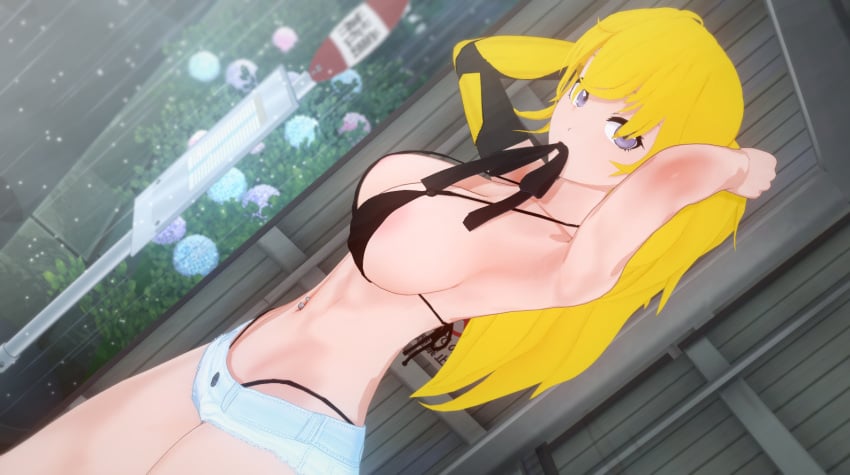 1girls 3d armpits arms_behind_head big_breasts bikini bikini_top blonde_female blonde_hair busty cleavage denim_shorts dramatic_love large_breasts legs navel_piercing nipple_slip ponytail pose posing purple_eyes rwby sensual sexy_armpits short_shorts shorts solo_female thighs thong_bikini tied_hair whale_tail yang_xiao_long