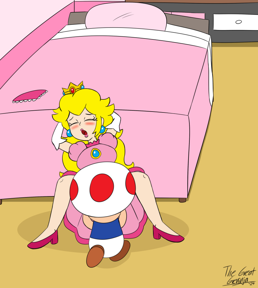 1boy 1boy1girl 1girls bedroom blush dress heels mario_(series) nintendo oral oral_sex panties panties_on_bed panties_removed pleasure_face pleasured princess_peach sex super_mario_bros. thegreatgreninja toad_(mario) video_games