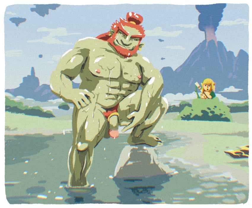 balls beard chuchugelee cock_ring facial_hair flaccid ganondorf gerudo green_body green_skin link male male_only nintendo nude penis red_hair solo_focus the_legend_of_zelda wet