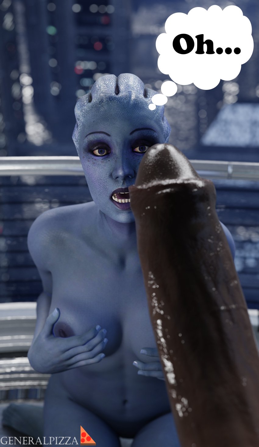 1boy 1girls 3d big_balls big_penis blue_skin dark-skinned_male dark_skin dialogue female generalpizza interracial liara_t&#039;soni mass_effect nude nude_female penis