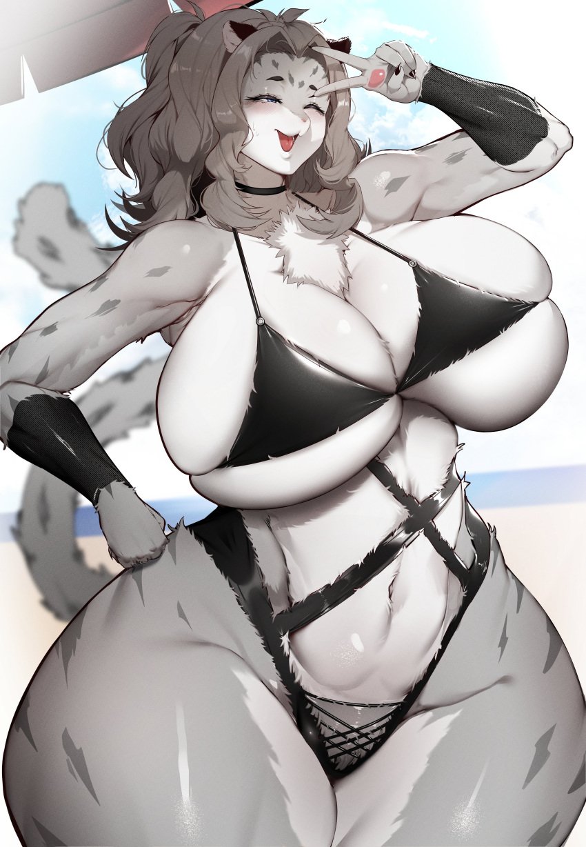 1girls animal_ears animal_tail beach big_breasts bikini black_bikini blue_eyes breasts busty curvaceous curvy curvy_body curvy_female curvy_figure female furry huge_breasts kantan large_breasts one_eye_closed original original_character peace_sign tail voluptuous wide_hips