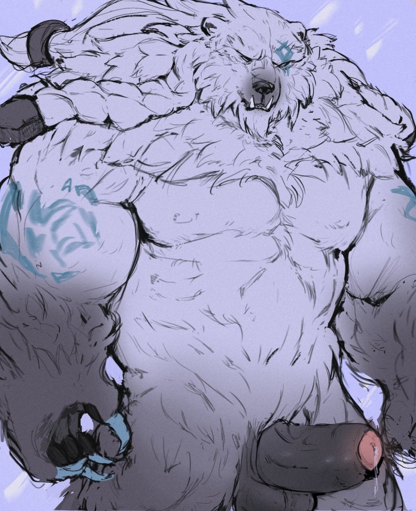 anthro barazoku bear biceps big_penis bodily_fluids braided_hair claws darkened_genitalia darkened_penis erection finger_claws foreskin front_view fur furrowed_brow genital_fluids genitals hair hi_res league_of_legends male mammal markings muscular muscular_male na1su neck_tuft nude nude_male pecs penis pinup polar_bear pose precum riot_games solo tencent thick_penis tuft underbite ursine volibear white_body white_fur