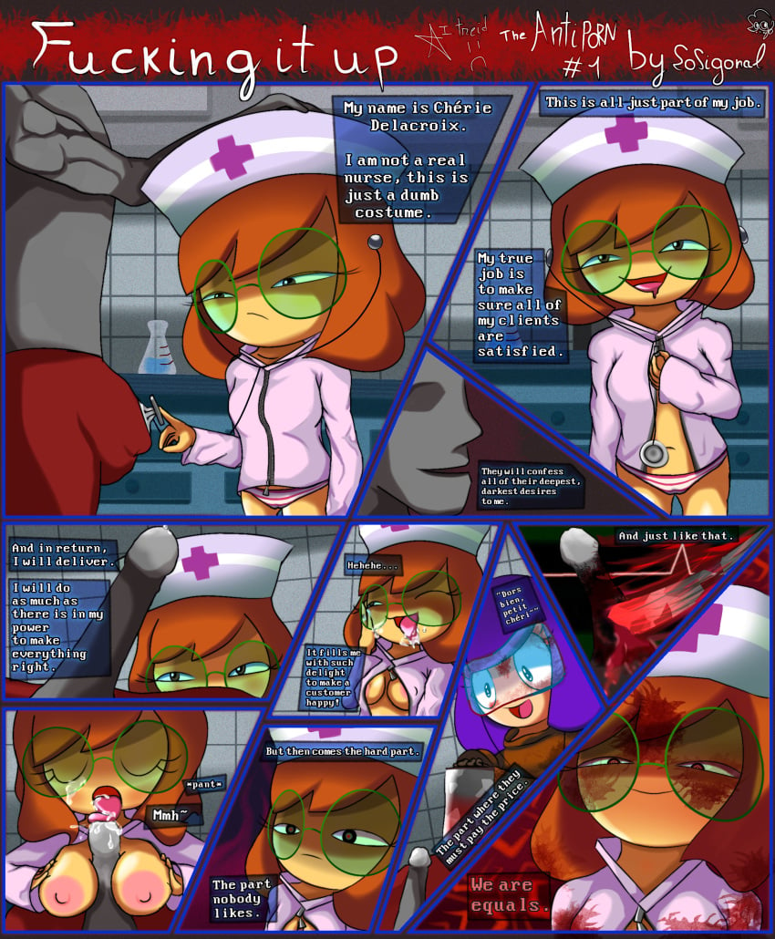 anon asian_female axe blood blood_stain breasts breasts_out brown_hair cherie_(sosigonal) comic cum cum_in_mouth cum_on_face edgy evil_grin glasses gore implied_oral jasmine_(sosigonal) midget nurse_uniform purple_hair satire sosigonal text_box