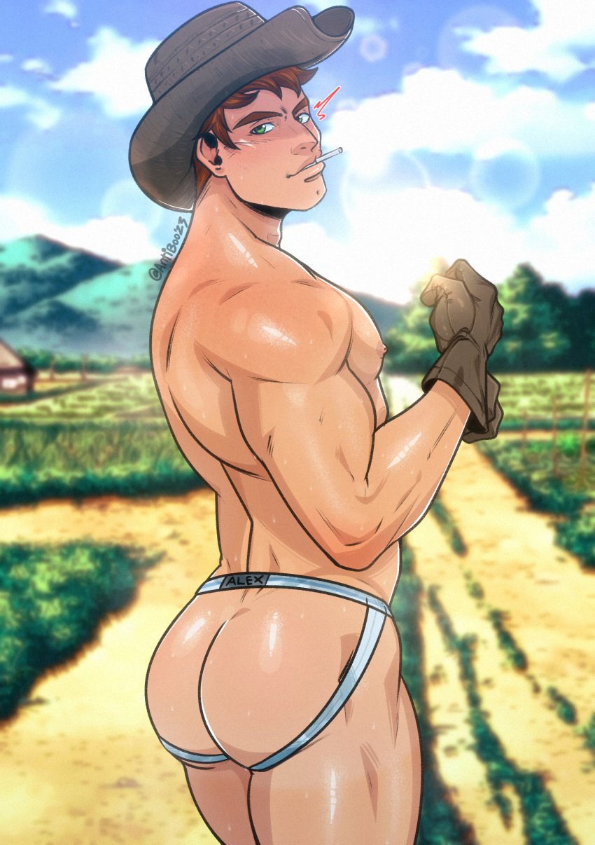 1boy alex_(stardew_valley) antibooart ass athletic_male big_ass big_butt brown_hair bubble_butt farmer gay green_eyes jockstrap looking_at_viewer male_only muscular_male stardew_valley tagme view_from_back