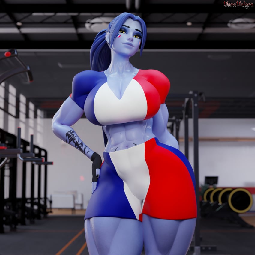 1girls 3d abs amelie_lacroix ass big_ass big_breasts black_fingernails black_nails black_thong blizzard_entertainment blue_hair dolphin_shorts elbow_sleeve female female_only fit fit_female french_flag gym looking_at_viewer muscular muscular_female muscular_thighs oiled oiled_skin oily overwatch overwatch_2 ponytail purple-skinned_female purple_skin shorts solo solo_female tattoo tattoo_on_stomach thick_thighs thunder_thighs vonsvaigen wide_hips widowmaker yellow_eyes