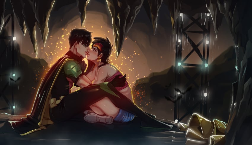 batcave batman_(series) biting_lip cave clothed clothing crossover dc dc_comics embracing embracing_another intimate jubilation_lee jubilee making_out marvel marvel_comics robin_(dc) sitting tim_drake x-men