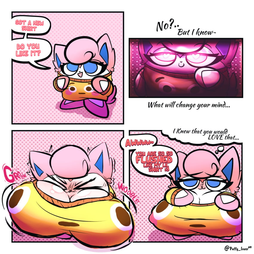 ball_with_hyper_features big_breasts blush breast_expansion breast_growth breasts comic comic_page dialogue dialogue_bubble expansion expansion_sequence flushed_emoji flushed_emoji_shirt growth growth_sequence jigglypuff looking_at_viewer pink_skin pokemon pokemon_(species) puffylover69 sylvia_(puffylover69) teasing teasing_viewer text tshirt waddling_head white_skin