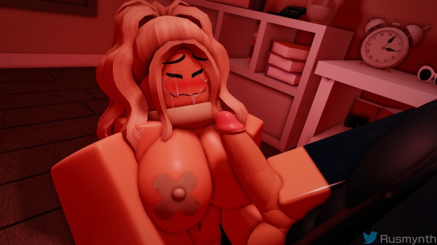 1boy 1girls 3d 3d_(artwork) big_breasts big_dick big_penis black_shirt breasts closed_eyes closed_mouth cum cum_on_face dick ellie_(rusmynth) female male oral penis roblox robloxian rusmynth sex tagme