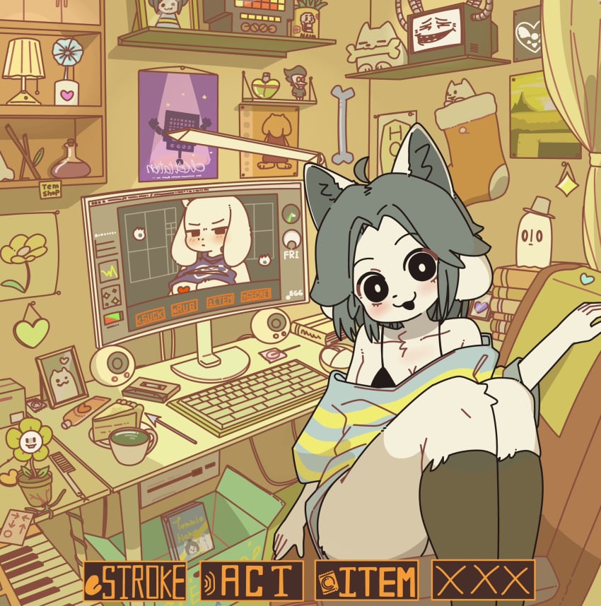 blue_and_yellow bra doremifaso64 feline flowey_the_flower mettaton napstablook no_panties papyrus potion_bottle small_breasts temmie temmie_(undertale) thighhighs tophat toriel yagi_the_goat