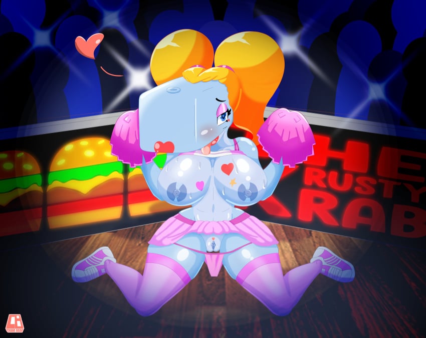 absurd_res animal_humanoid anthro anthro_only blonde_hair bodily_fluids breasts cetacean cetacean_humanoid cheerleader cheerleader_outfit cranebear female genitals hair hi_res humanoid krusty_krab mammal marine marine_humanoid nickelodeon nipples pearl_krabs pink_outfit pinup pose pussy solo sperm_whale spongebob_squarepants sweat sweaty_breasts whale