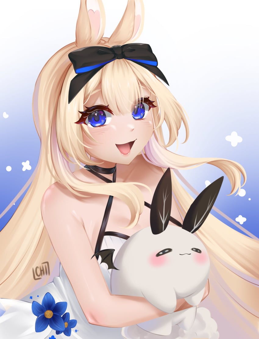 1girl :d animal_ears bangs bare_shoulders black_bow black_choker blonde_hair blue_background blue_eyes blush bow bunny_ears bunny_girl chi_(chiinixz) choker diagonal_stripes dress eyebrows_visible_through_hair female hair_between_eyes hair_bow holding_animal long_hair looking_at_viewer open_mouth sleeveless_dress smile solo striped striped_background upper_body vertical_stripes very_long_hair virtual_youtuber vyugen white_dress yenko