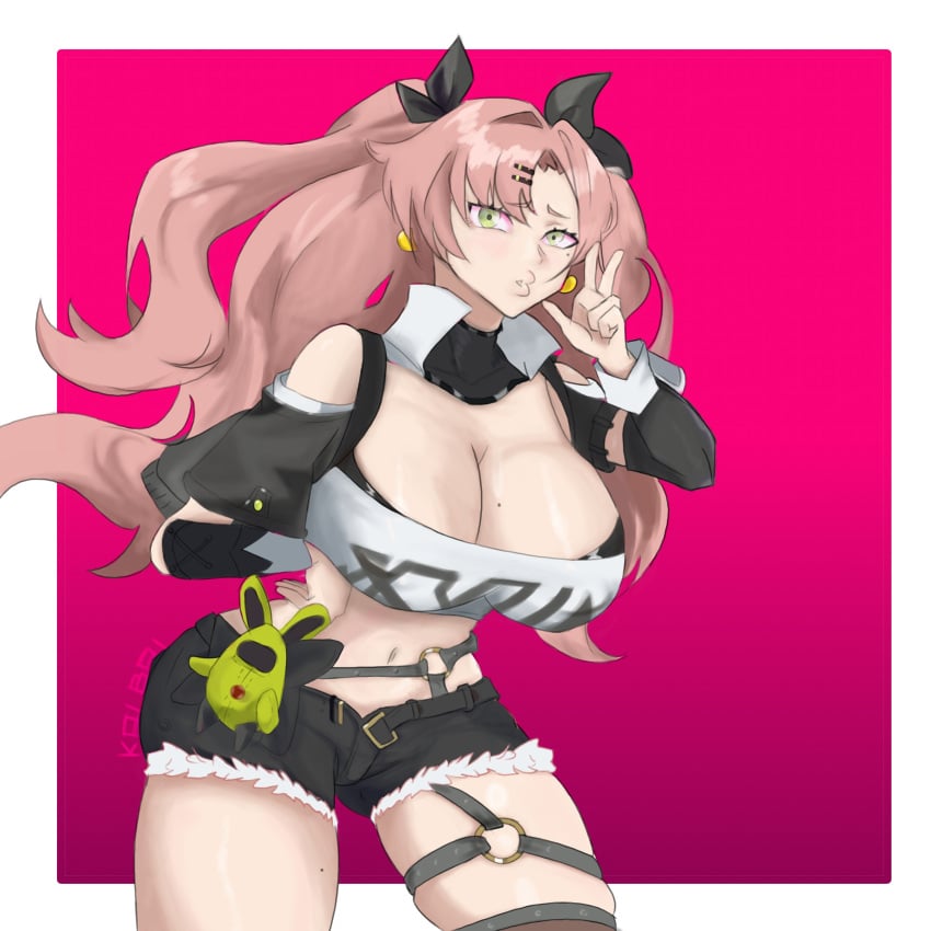 1girls big_breasts black_shorts breasts cleavage crop_top female female_only fur-trimmed_shorts green_eyes hair hair_ornament hairclip huge_breasts koiboi large_breasts long_hair mole mole_on_breast mole_under_eye nicole_demara pink_hair ribbon solo solo_female thick_thighs topwear twintails zenless_zone_zero