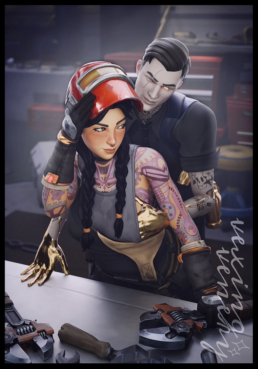 1boy 1girls 2024 3d 3d_(artwork) bed bed_sheet bedroom black_border black_hair blender breast_grab clothed clothing daughter daughter_(lore) detailed_background epic_games erect_penis erection father father_(lore) father_and_daughter female female_focus fortnite fortnite:_battle_royale freckles freckles_on_face groping groping_breasts gun_holster hand_on_breast headgear headwear hi_res highres horny horny_female horny_male incest jules_(fortnite) looking_at_another looking_at_partner looking_back male male/female midas_(fortnite) nose_piercing ponytail ponytails romantic room seducing shirt standing tank_top tattoo tattoos vexingvenery watermark