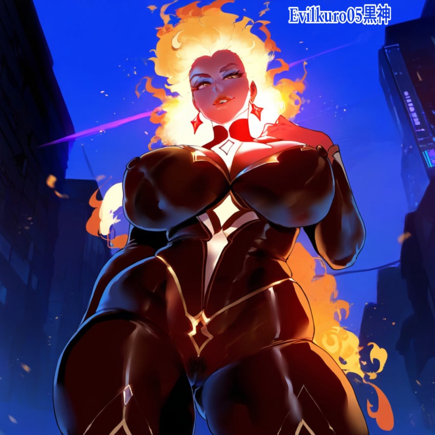 ai_generated evilkuro05 fire fire_hair seductive_look thick_hips thick_legs voluptuous_female