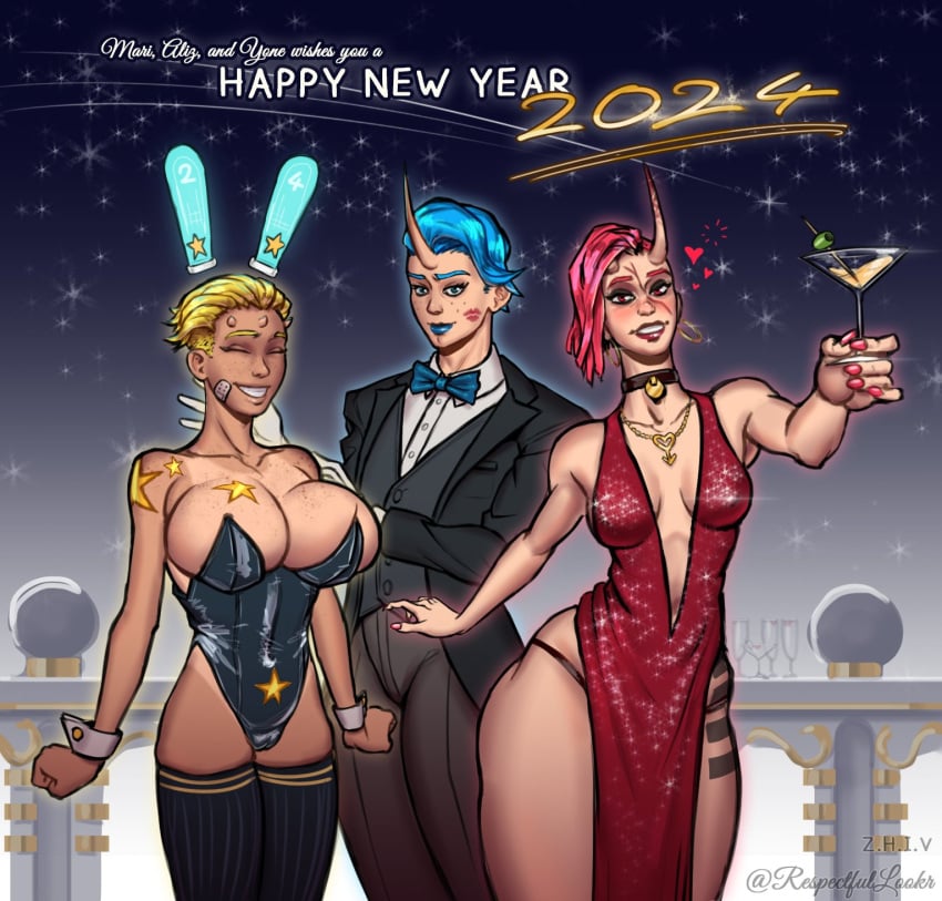 1boy 2girls 2girls1boy aliz_(zhiv) bandage big_thighs blue_eyes blue_hair bowtie breasts breasts_bigger_than_head bunny_ears bunny_girl bunnysuit chocker clothed dress drinking drunk flushed freckles freckles_on_breasts freckles_on_face happy_new_year horn huge_ass huge_breasts kiss_mark large_breasts lipstick looking_at_viewer mari_(zhiv) necklace new_year_2024 night_sky oc original original_character original_characters overflowing_breasts red_eyes red_hair scar small_breasts smiling smiling_at_viewer stars tan_body tanline tanned tanned_female tanned_skin tattoo tattoo_on_butt thighhighs thighs thin_waist tomboy tomboys tuxedo undercut yellow_hair yone_(zhiv) zhiv