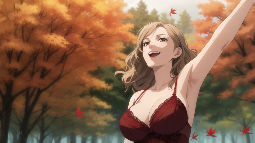 1girls ai_generated armpits arms_up autumn autumn_leaves brown_eyes brown_hair busty cleavage female forest hi_res highres leaves_in_wind lingerie long_hair milf original_character pixai red_lingerie smiling solo