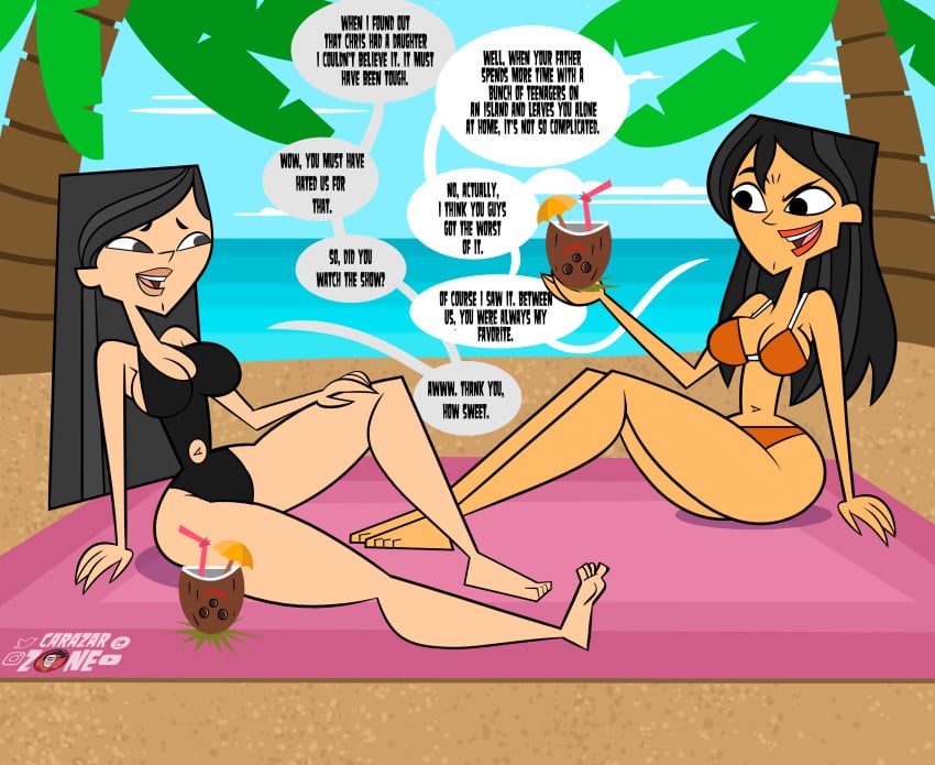 barefoot beach carazar_zone disventure_camp heather_(tdi) kristal_(disventure_camp) swimsuit total_drama_island translated