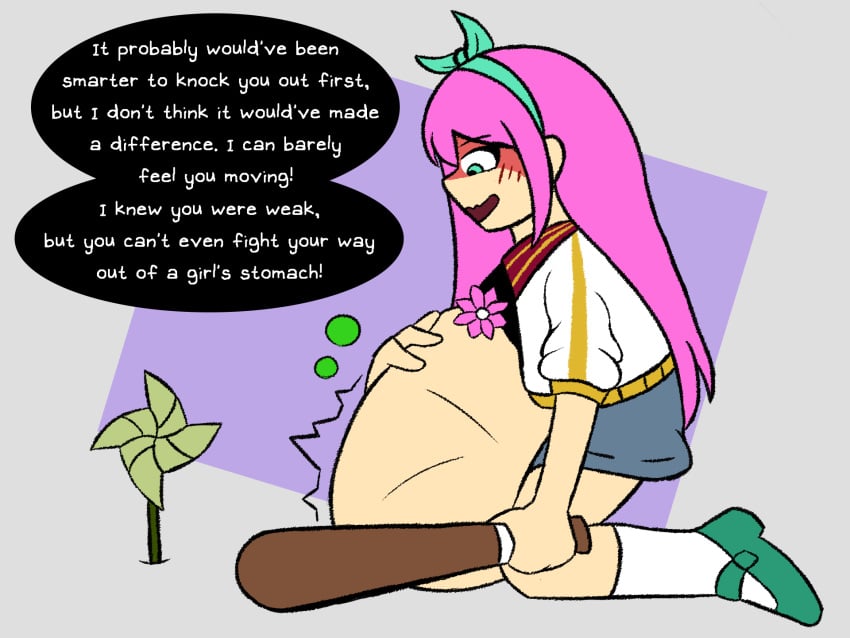 aubrey_(omori) basil_(omori) belly big_belly churning digested digestion digestion_noises dominant dominant_female female female_focus female_on_top femboy femdom gurgle omori pink_hair pinwheel tsundere twink vore vore_belly